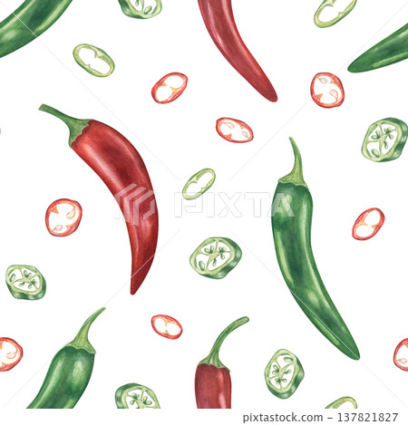 Watercolor red and green hot chili pepper seamless pattern on isolated background. Jalapeno, cayenne spicy pods and slices vegetables repeating ornate for kitchen textile, package. 137821827