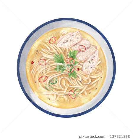 Spicy noodle soup with chicken or turkey fillet, seasoned with slices of hot chili pepper. Homemade broth with pasta in bowl watercolor illustration isolated background. Top view. For menu design Spicy noodle soup with chicken or turkey fillet, seasoned with slices of hot chili pepper. Homemade broth with pasta in bowl watercolor illustration isolated background. Top view. For menu design 137821828