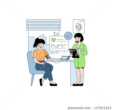 Vector illustration of a healthcare professional measuring blood pressure of a seated patient. The scene includes medical charts and a calm interaction in a health clinic setting. Vector illustration of a healthcare professional measuring blood pressure of a seated patient. The scene includes medical charts and a calm interaction in a health clinic setting. 137821833