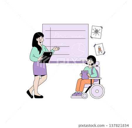 Vector illustration of a teacher engaging with a student in a wheelchair during a lesson. The teacher points to a chalkboard, demonstrating an interactive educational environment. Vector illustration of a teacher engaging with a student in a wheelchair during a lesson. The teacher points to a chalkboard, demonstrating an interactive educational environment. 137821834