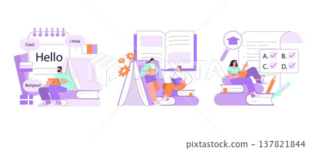 Vector illustration featuring people engaged in language learning, book reading, and test-taking activities. The scene highlights educational concepts with multilingual elements. 137821844