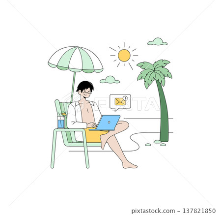 Person working on a laptop at the beach under a parasol with palm trees and sun. Vector illustration showing remote work, relaxation, and leisure in a beach setting. Person working on a laptop at the beach under a parasol with palm trees and sun. Vector illustration showing remote work, relaxation, and leisure in a beach setting. 137821850