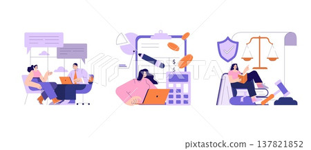 Vector illustrations depict a business meeting, financial planning, and legal study concepts. Visuals include people discussing, analyzing finances, and learning about law. 137821852