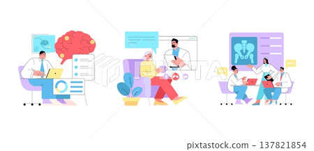 Vector illustration depicting healthcare professionals in different scenarios, including brain analysis, telemedicine consultation, and collaborative research. Emphasizes digital and remote healthcare Vector illustration depicting healthcare professionals in different scenarios, including brain analysis, telemedicine consultation, and collaborative research. Emphasizes digital and remote healthcare 137821854