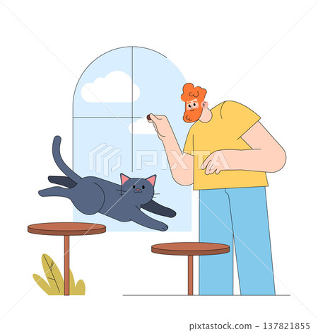 Vector illustration of a man engaging playfully with his cat using a toy. The scene captures an indoor playful moment, highlighting the joyful interaction between human and pet. Vector illustration of a man engaging playfully with his cat using a toy. The scene captures an indoor playful moment, highlighting the joyful interaction between human and pet. 137821855
