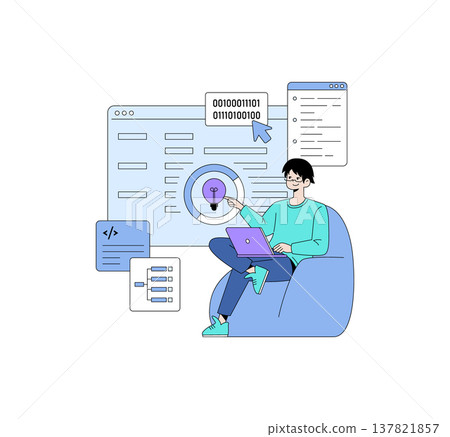Vector illustration of a person seated on a beanbag working on a laptop surrounded by coding elements. The person interacts with digital content depicting programming and binary code. Vector illustration of a person seated on a beanbag working on a laptop surrounded by coding elements. The person interacts with digital content depicting programming and binary code. 137821857