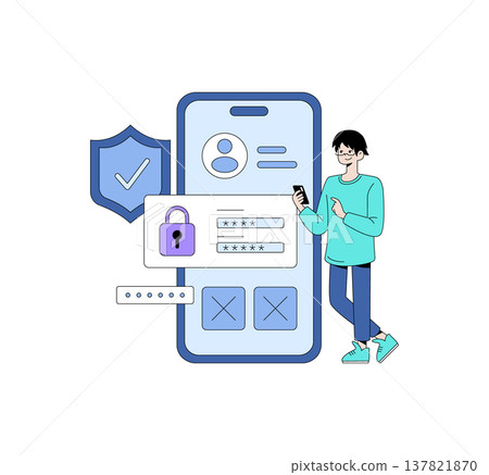 Vector illustration of a person interacting with a mobile login screen, emphasizing security with a lock icon and shield. Represents concepts of cybersecurity and online privacy. 137821870