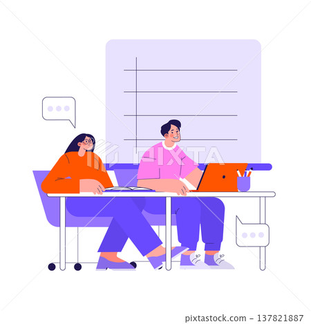 Vector illustration of two people discussing project ideas at a shared desk. One person uses a laptop while the other takes notes. Speech bubbles suggest communication and collaboration. Vector illustration of two people discussing project ideas at a shared desk. One person uses a laptop while the other takes notes. Speech bubbles suggest communication and collaboration. 137821887