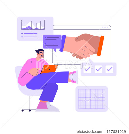 Vector illustration depicting a person engaging in an online business deal, symbolized by a handshake on a digital interface. Charts and checklists highlight successful negotiation. Vector illustration depicting a person engaging in an online business deal, symbolized by a handshake on a digital interface. Charts and checklists highlight successful negotiation. 137821919