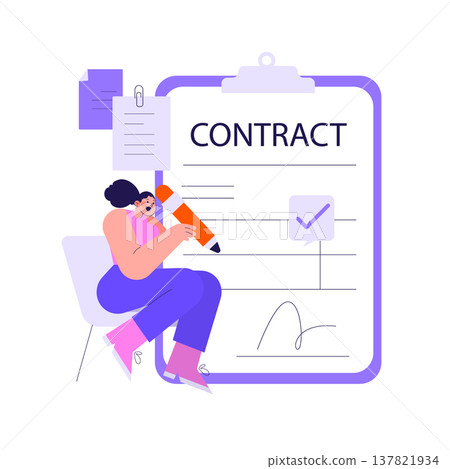 Woman holding a large pen signs a contract on a clipboard, symbolizing agreement and commitment. This vector illustration emphasizes the act of finalizing a deal. 137821934