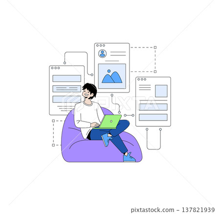 Vector illustration of a person sitting on a bean bag, working on a laptop surrounded by digital interface elements. This image represents a modern approach to technology and workflow. Vector illustration of a person sitting on a bean bag, working on a laptop surrounded by digital interface elements. This image represents a modern approach to technology and workflow. 137821939