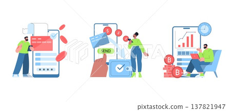 Vector illustration depicting a mobile payment process using credit cards, digital currency transfer, and cryptocurrency investment. Users engage with technology for financial transactions. 137821947