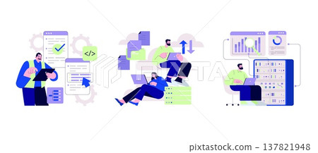 Vector illustration depicting teamwork in software development. Individuals are engaged in coding, data analysis, and system management, illustrating collaborative tech work environments. 137821948