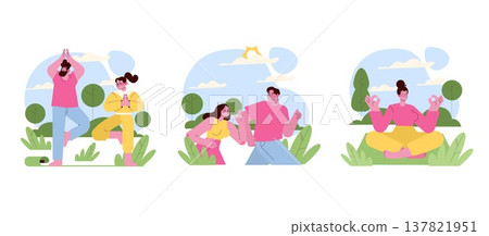 Vector illustration showing people doing yoga and meditation outdoors. One person practices tree pose, another meditates sitting cross-legged, and a couple practices together. Vector illustration showing people doing yoga and meditation outdoors. One person practices tree pose, another meditates sitting cross-legged, and a couple practices together. 137821951