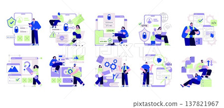 Vector illustration set depicting cybersecurity and technology themes with characters interacting with digital security elements and tech devices, showcasing cyber safety concepts. 137821967