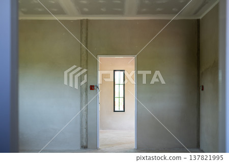 Construction progress empty room interior in a new building modern design minimalist style wide angle view 137821995