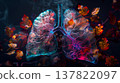 Human lungs made of feathers with blue and orange lights on a black background 137822097
