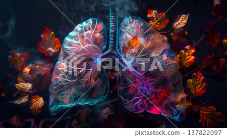 Human lungs made of feathers with blue and orange lights on a black background 137822097