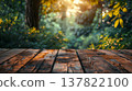 Wooden table in the forest with blurred background and copy space 137822100