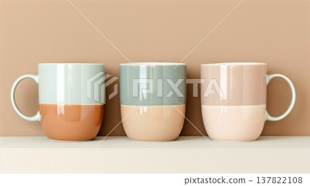 Three colorful ceramic mugs on the shelf. Vintage style. 137822108
