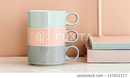 Colorful coffee mugs on the table in front of pink wall 137822117