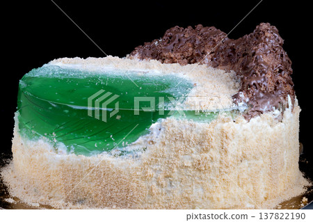 Seasonal dessert featuring chocolate accents and crumb edging. Hostess preparing seasonal green jelly cake with chocolate peaks and crumb border for guests and photography Seasonal dessert featuring chocolate accents and crumb edging. Hostess preparing seasonal green jelly cake with chocolate peaks and crumb border for guests and photography 137822190