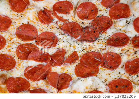 Ingredient pepperoni pizza texture study, cured meat focus, melted cheese strands, spice crystal scatter, oil sheen and herb fragments, culinary reference image Ingredient pepperoni pizza texture study, cured meat focus, melted cheese strands, spice crystal scatter, oil sheen and herb fragments, culinary reference image 137822209