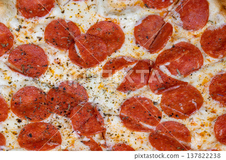 Delicious pizza description. Ovenbaked pepperoni with herbs. Crispy crust with blistered cheese and herbs. Handcrafted style pizza with aromatic herbs and blistered cheese spots 137822238