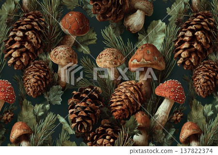 Enchanting Forest Mushrooms and Pinecones Create a Magical Autumn Tapestry Generative AI 137822374