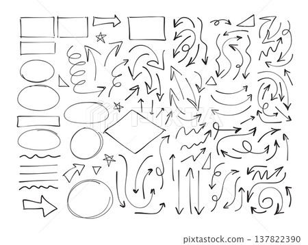 Hand drawn doodle arrows and frames set, sketch style direction pointers collection, curved and straight navigation symbols, black line art Hand drawn doodle arrows and frames set, sketch style direction pointers collection, curved and straight navigation symbols, black line art 137822390