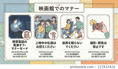電影院禮儀意識海報模板，支援多語言（英語、中文、韓語），適用於海報和展示。 137822428