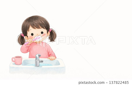 A cute illustration of a girl brushing her teeth. 137822485