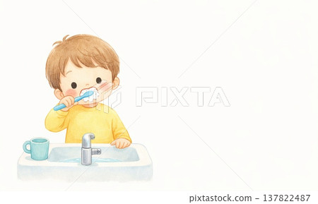 A cute illustration of a boy brushing his teeth. 137822487