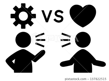 The silhouettes of two opposing figures are depicted: one who speaks logically is represented by a gear symbol, and the other by an emotionally driven person is represented by a heart symbol. The silhouettes of two opposing figures are depicted: one who speaks logically is represented by a gear symbol, and the other by an emotionally driven person is represented by a heart symbol. 137822515