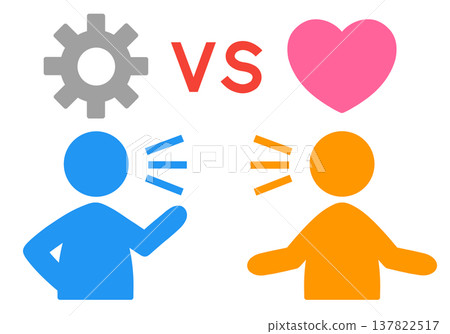 兩個相對的人形輪廓代表兩個人：一個說話邏輯清晰，用齒輪和冷色調描繪；另一個說話感性，用心形和暖色調描繪。 137822517