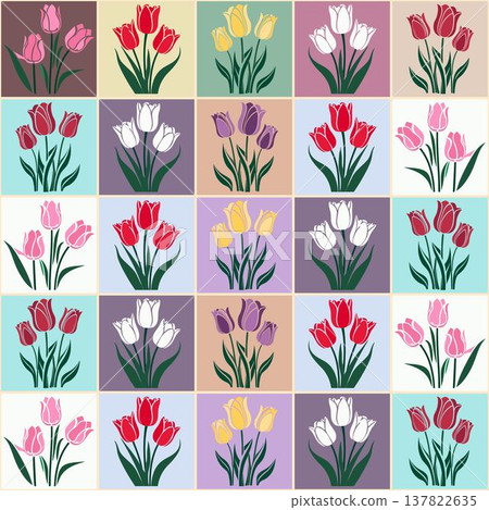 Colorful Spring Tulip Bloom Seamless Vector Pattern 137822635