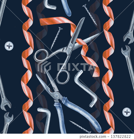 Seamless watercolor pattern with working tools on a dark background. Vertical seamless pattern with scissors, red ribbon, pliers, wrench and self-tapping screws. A background with men's home 137822822