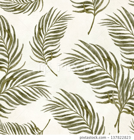 Palm leaf branch seamless pattern on cream background, hand painted, natural tones, minimal botanical symbol of Palm Sunday and Christ Resurrection, ideal for Easter church design, religious branding. 137822823