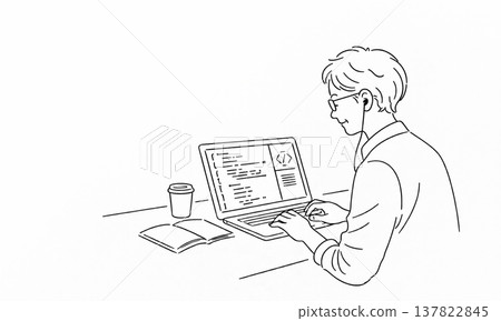 一幅男子學習在電腦上編程的線條畫插圖。 137822845