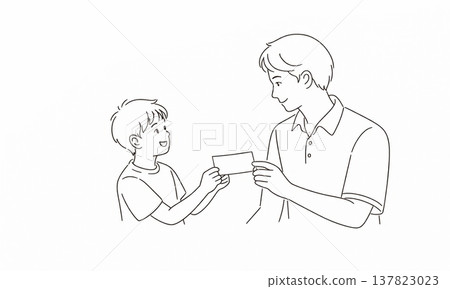 一幅線條畫，描繪的是一個孩子在父親節送給父親一張肩部按摩券。 137823023