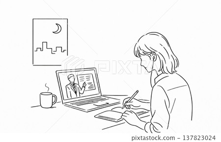 一幅簡單的線條畫，描繪了一位女性正在參加線上講座。 137823024