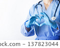 Caucasian female nurse in blue overalls and gloves showing heart shape gesture 137823044
