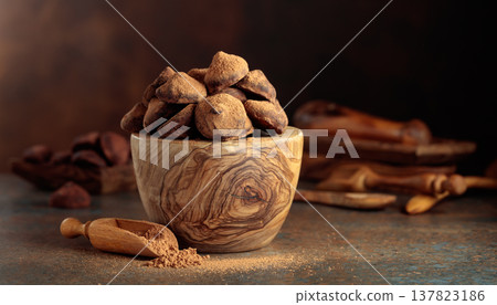 Chocolate truffles on a brown background. 137823186