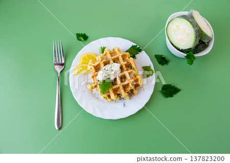 homemade zucchini waffles with creamy topping and parsley garnish homemade zucchini waffles with creamy topping and parsley garnish 137823200