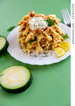 fresh zucchini waffles with creamy sauce and green herbs on plate fresh zucchini waffles with creamy sauce and green herbs on plate 137823205