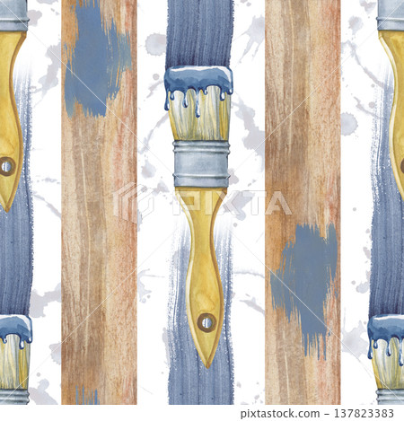 Seamless pattern with wooden planks, vertical strokes of blue paint with brushes and paint spots. Watercolor illustration using working tools on an isolated background. Realistic background with 137823383