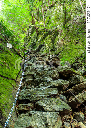 A holiday hike on Mt. Bōnoori (Bōnomine), featuring a chain section on the steep rocky Shiratani-zawa course. A holiday hike on Mt. Bōnoori (Bōnomine), featuring a chain section on the steep rocky Shiratani-zawa course. 137823474