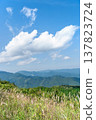 From the summit of Mt. Bōnoori (Bōnomine), a view of the autumn blue sky, rising white clouds, and the mountain ranges of Chichibu and Okutama. 137823724