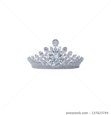 Sparkling diamond tiara with intricate design, featuring large central gemstone surrounded by smaller diamonds, set in silver metal base. elegant piece exudes luxury and sophistication 137823744