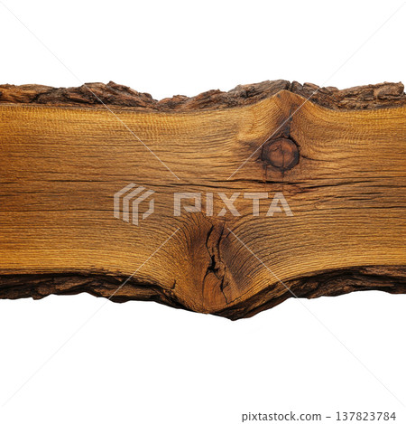 Rustic wooden plank with natural, textured surface and visible grain patterns, showcasing rich brown color and organic edges, perfect for design or decoration 137823784